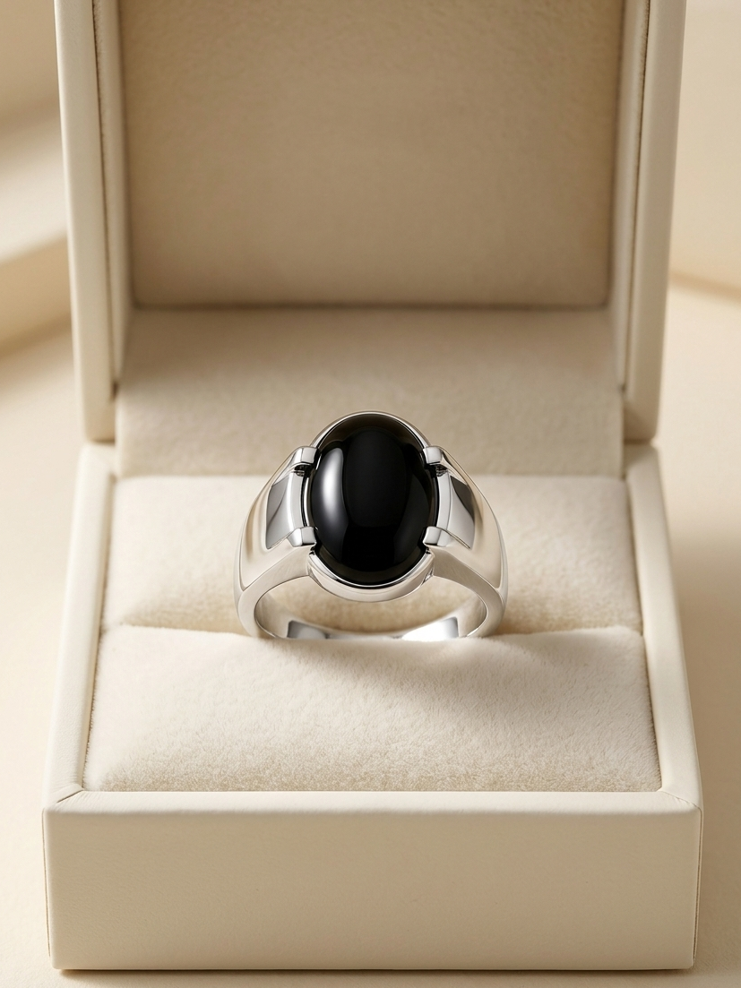 A silver ring with a large oval black cabochon gemstone, presented in an open cream-colored jewelry box.