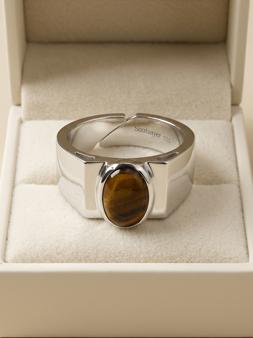 A silver-toned ring with a polished oval tiger's eye stone, presented in an open cream-colored jewelry box.