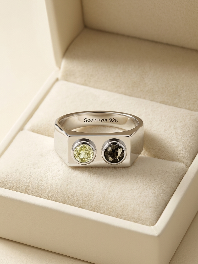 A silver-toned ring with two round gemstones, displayed inside a cream-colored jewelry box. The ring has 'sootsayer 925' engraved on the inside band.
