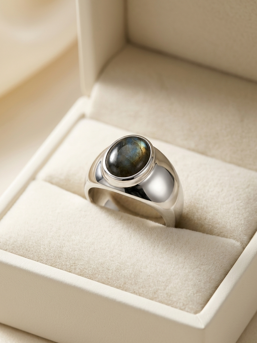 A silver signet ring with a polished oval labradorite stone, displayed inside a cream-colored velvet jewelry box.