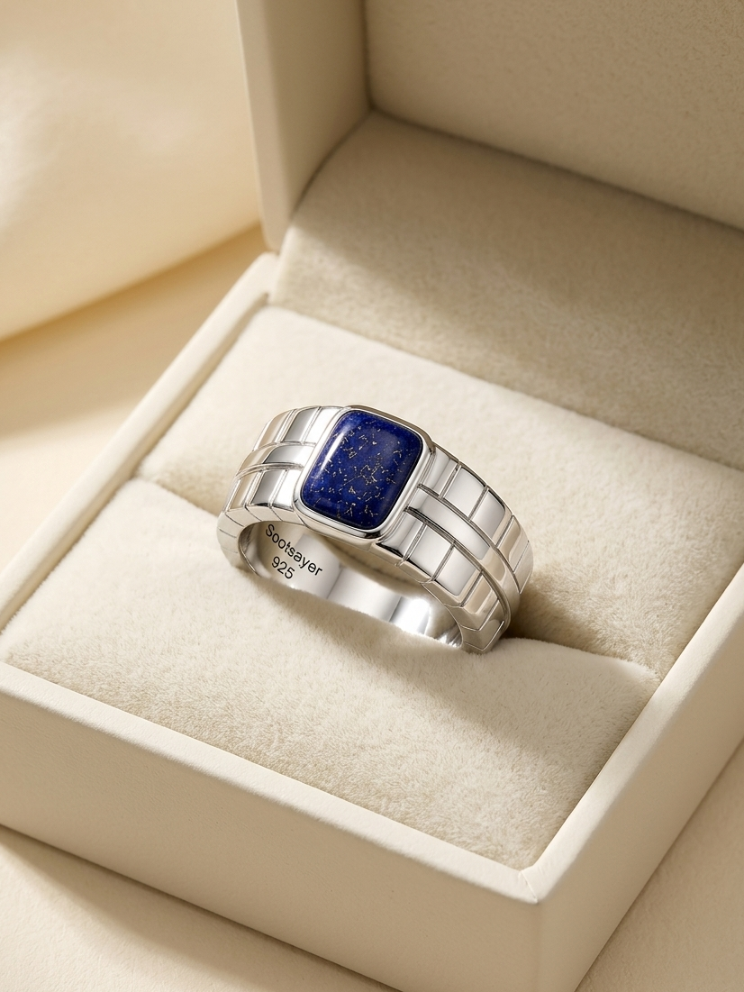 A silver ring with a rectangular blue lapis lazuli stone, displayed inside an open cream-colored jewelry box.