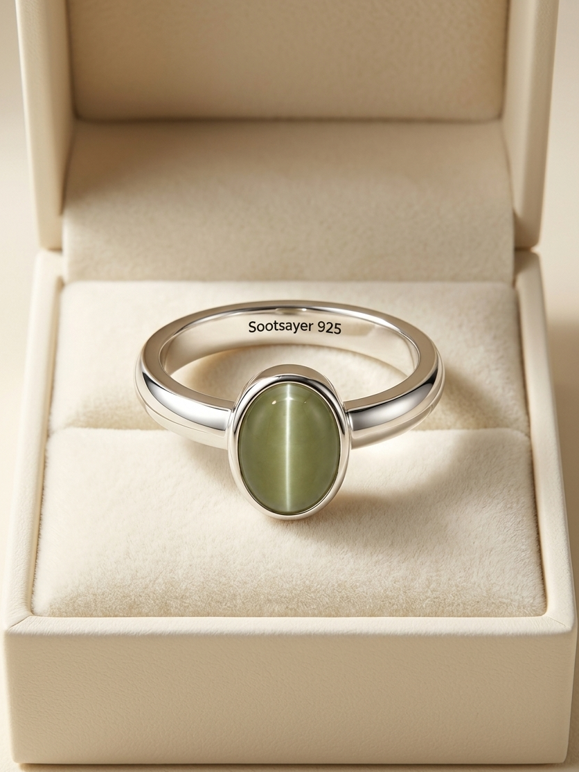 A sterling silver ring with an oval green cat's eye stone, displayed inside a cream-colored velvet jewelry box. The inside of the band is engraved with 'Sootsayer 925'.