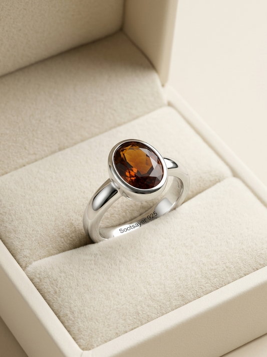 A silver ring with an oval faceted amber-brown gemstone, displayed inside a cream-colored jewelry box.