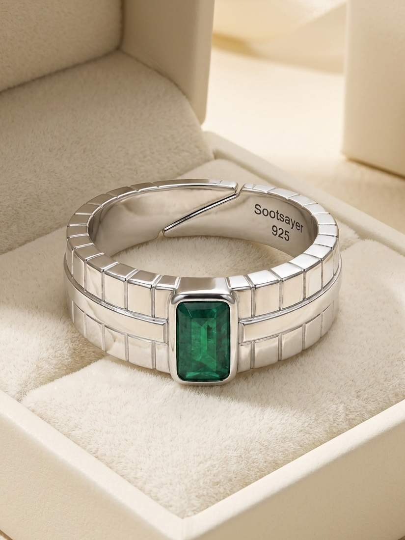 A silver ring with a rectangular green emerald-cut gemstone, displayed inside a cream-colored jewelry box. The inside of the band is engraved with 'Sootsayer 925'.