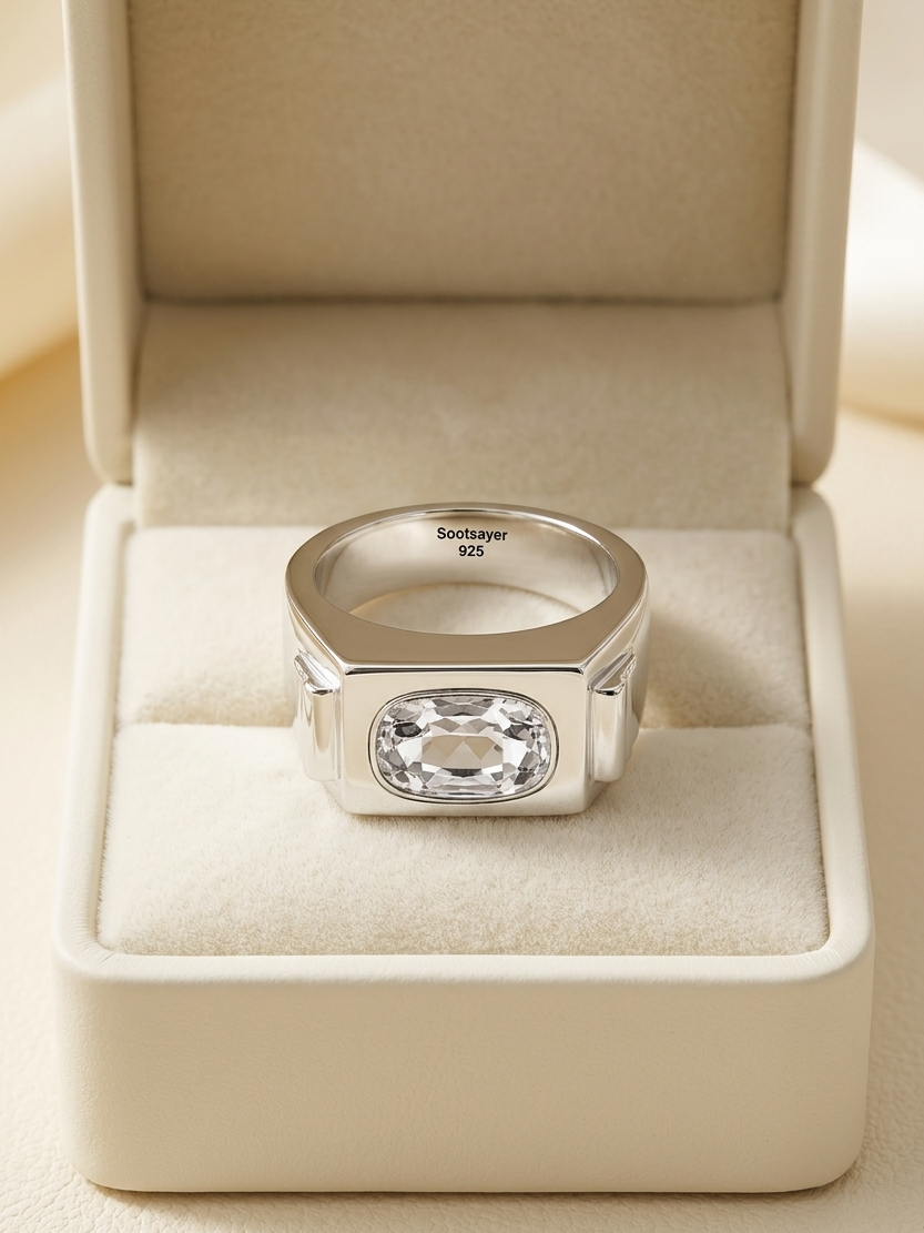 A silver-toned signet ring with a clear rectangular gemstone, displayed inside an open cream-colored jewelry box.