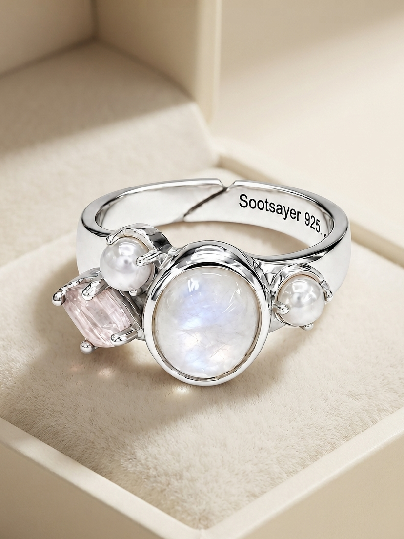 A silver-toned ring displayed inside a cream-colored jewelry box. The ring features a large round iridescent moonstone center stone, a smaller rectangular pale pink gemstone, and two small white pearl-like beads.