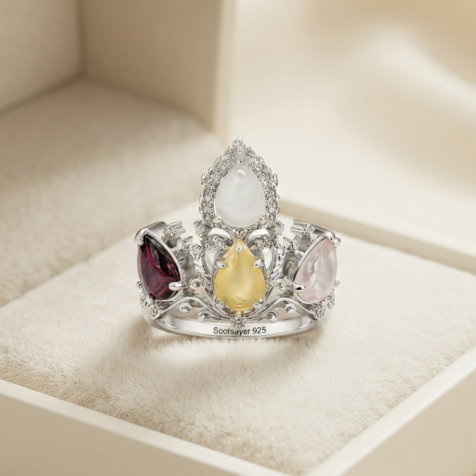 A silver crown-shaped ring with three teardrop gemstones (white, yellow, and burgundy) and small clear stones, displayed on a cream-colored jewelry box cushion. The band is engraved with 'Scottyner 925'.