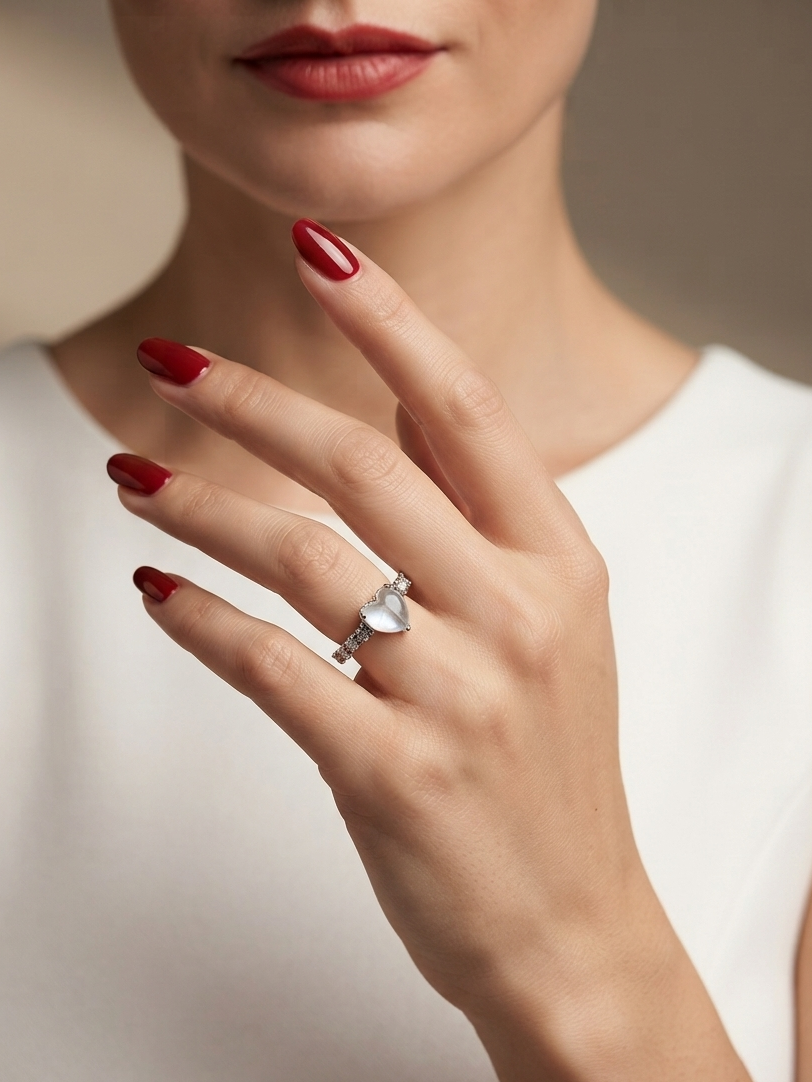 A close-up of a woman's hand with red nail polish wearing a silver ring with a heart-shaped clear gemstone, against a soft beige background.
