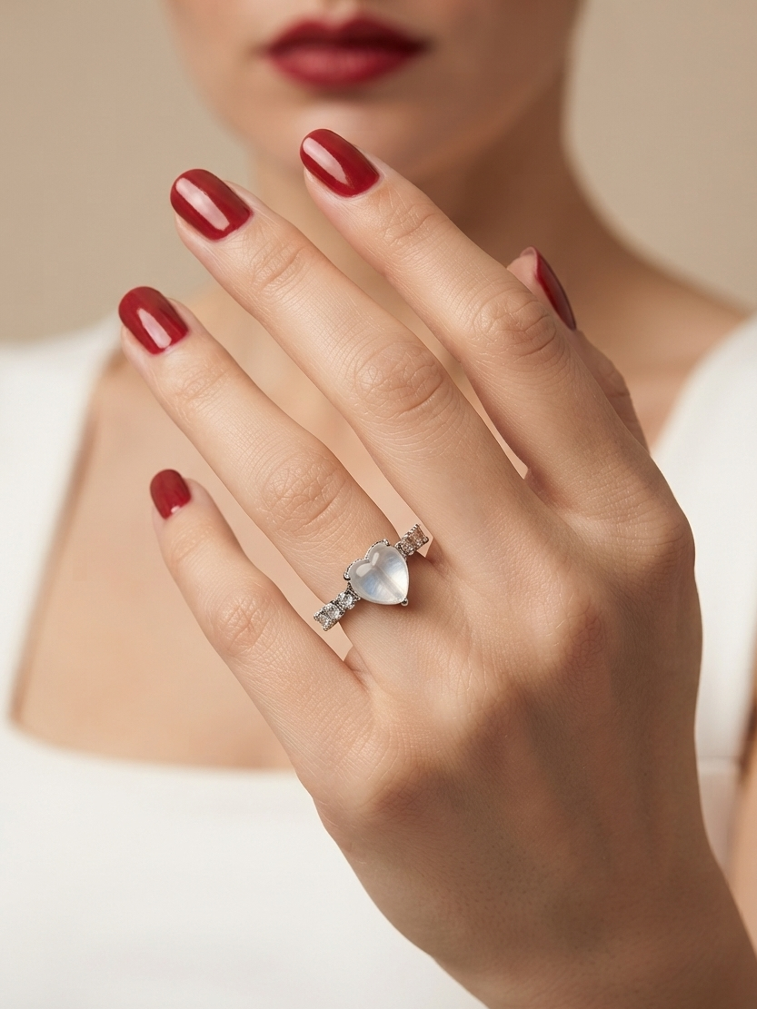 A close-up of a woman's hand wearing a silver ring with a heart-shaped clear gemstone, set against a soft beige background and a white top.