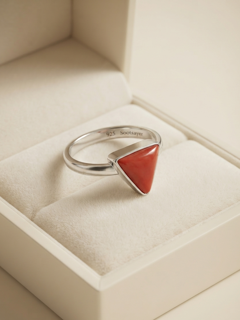 A silver ring with a triangular coral-red stone, displayed inside a cream-colored jewelry box.