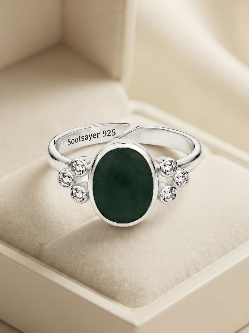 A sterling silver ring with a large oval dark green stone and small clear accent stones on the band, displayed inside a cream-colored jewelry box. The inner band is engraved with 'Sootsayer 925'.