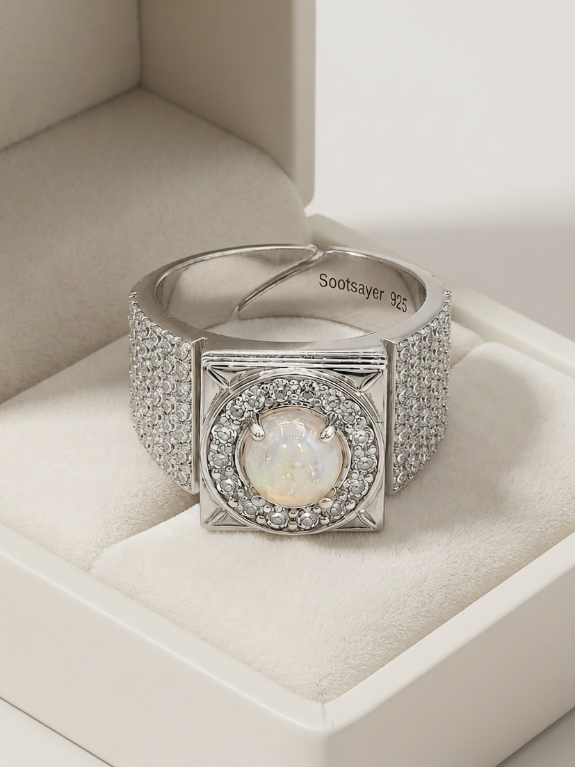 A silver-toned ring with a square face, a central iridescent opal-like stone surrounded by small clear stones, and a pavé band, displayed inside a cream jewelry box. The inner band is engraved with 'Soottsey 925'.