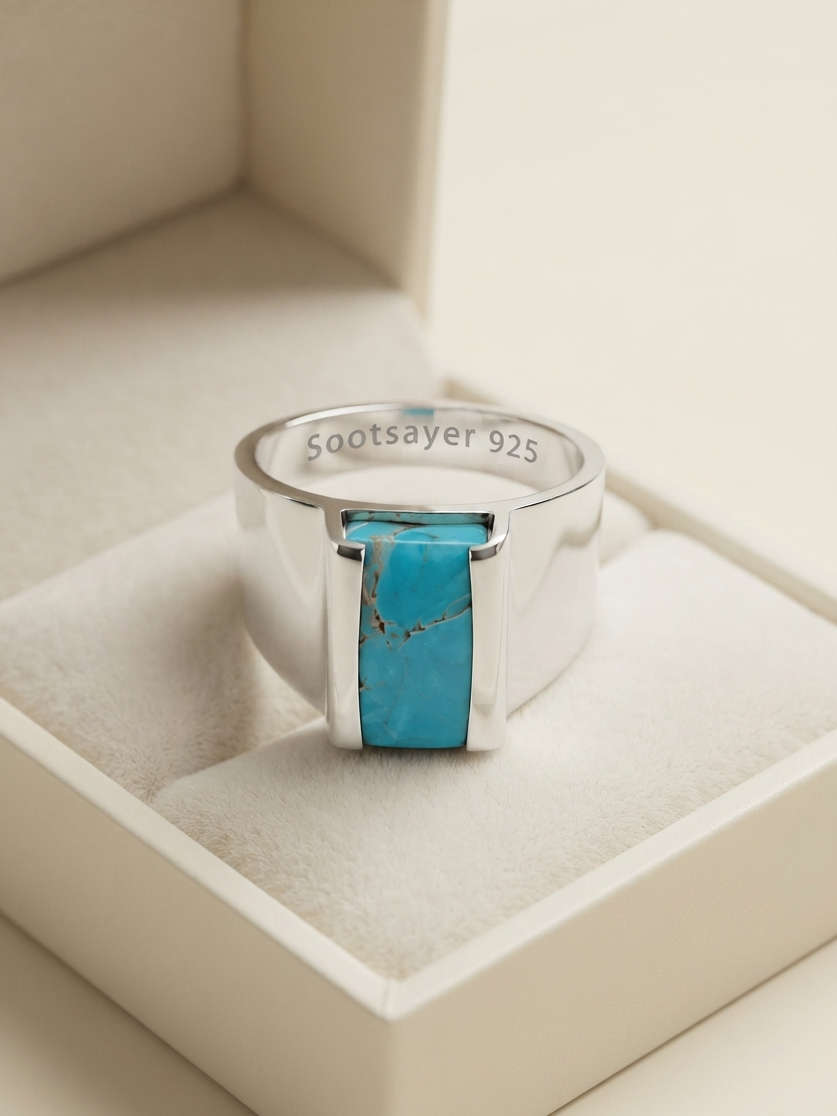 A sterling silver ring with a rectangular turquoise inlay, displayed inside a cream-colored jewelry box. The inside of the band is engraved with 'Sootsayer 925'.