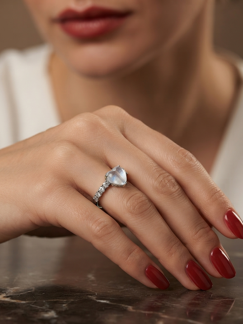 A close-up of a woman's hand with red manicured nails wearing a silver ring with a heart-shaped clear gemstone, resting on a dark marble surface.