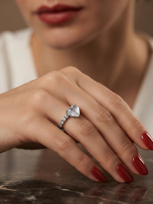 A close-up of a woman's hand with red manicured nails wearing a silver ring with a heart-shaped clear gemstone, resting on a dark marble surface.