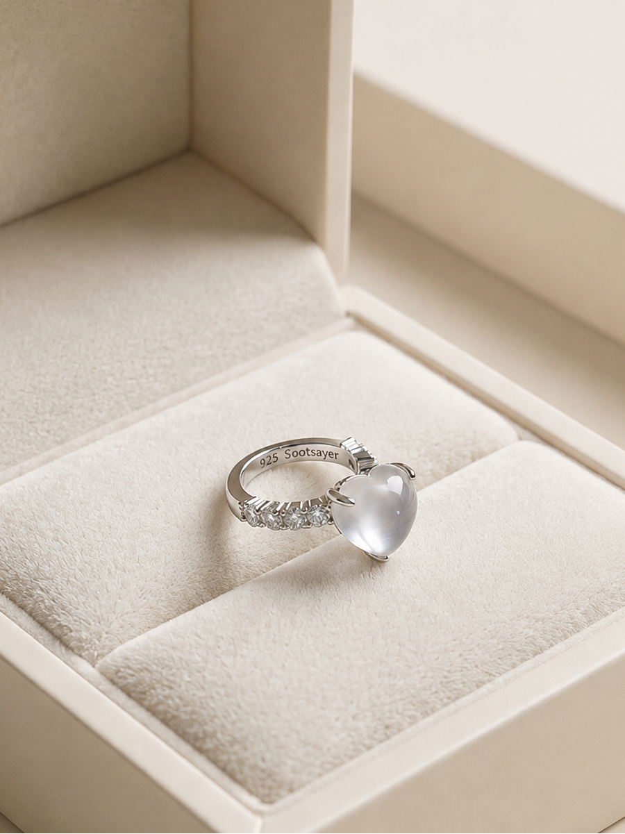A silver ring with a heart-shaped clear gemstone and small side stones, displayed on a cream-colored velvet ring box.