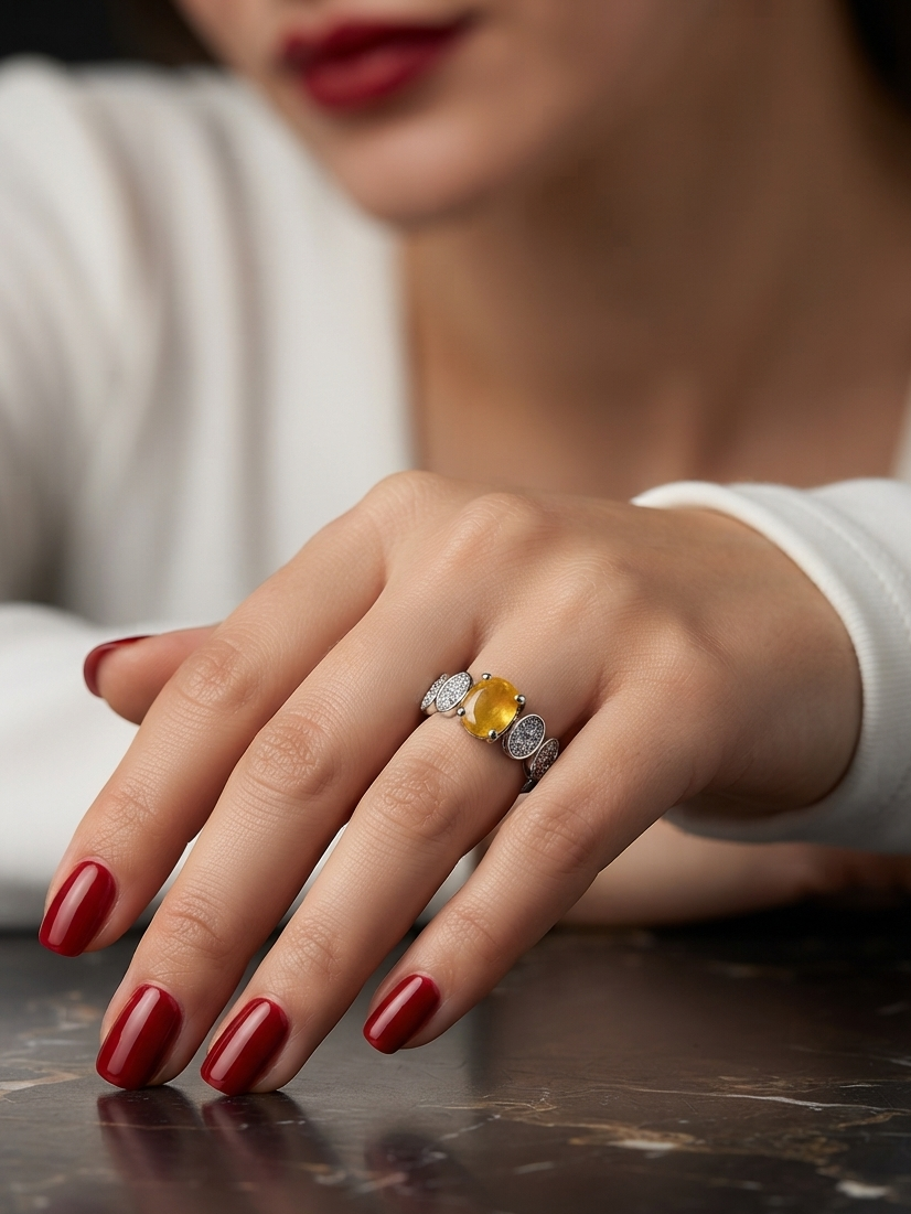 A close-up lifestyle shot of a woman's hand resting on a dark marble surface, wearing a silver ring with a prominent oval yellow gemstone and small clear accent stones.