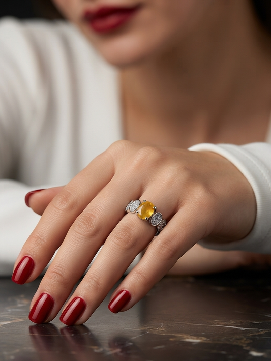 A close-up lifestyle shot of a woman's hand resting on a dark marble surface, wearing a silver ring with a prominent oval yellow gemstone and small clear accent stones.