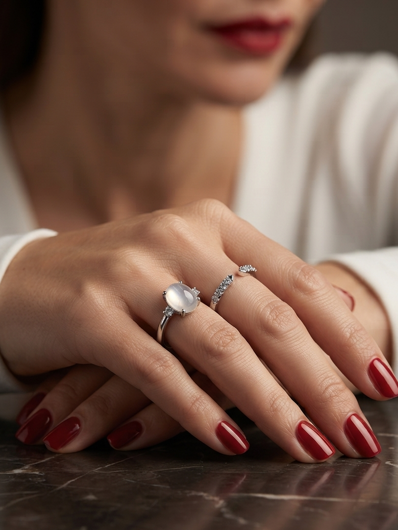 A close-up lifestyle shot of a woman's hands resting on a dark marble surface, wearing a silver ring with a large oval clear stone and a smaller silver band with tiny clear stones.