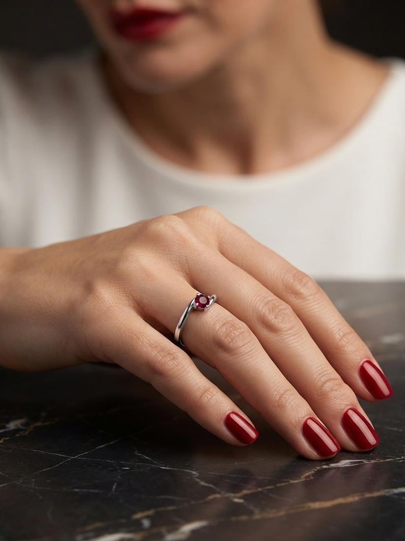 A close-up of a woman's hand resting on a dark marble surface, wearing a silver ring with a small red gemstone. The model has red-painted nails and is wearing a white top.
