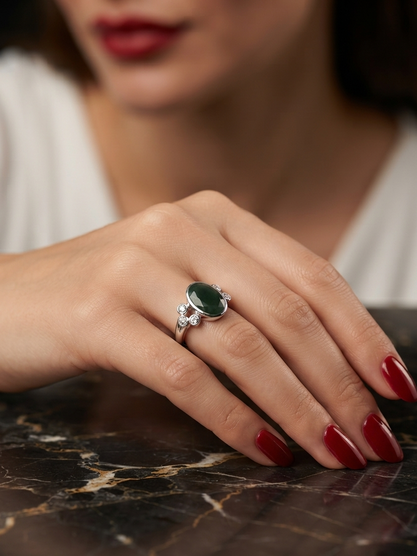 A close-up of a woman's hand resting on a dark marble surface, wearing a silver ring with a prominent oval green stone and small clear accent stones.