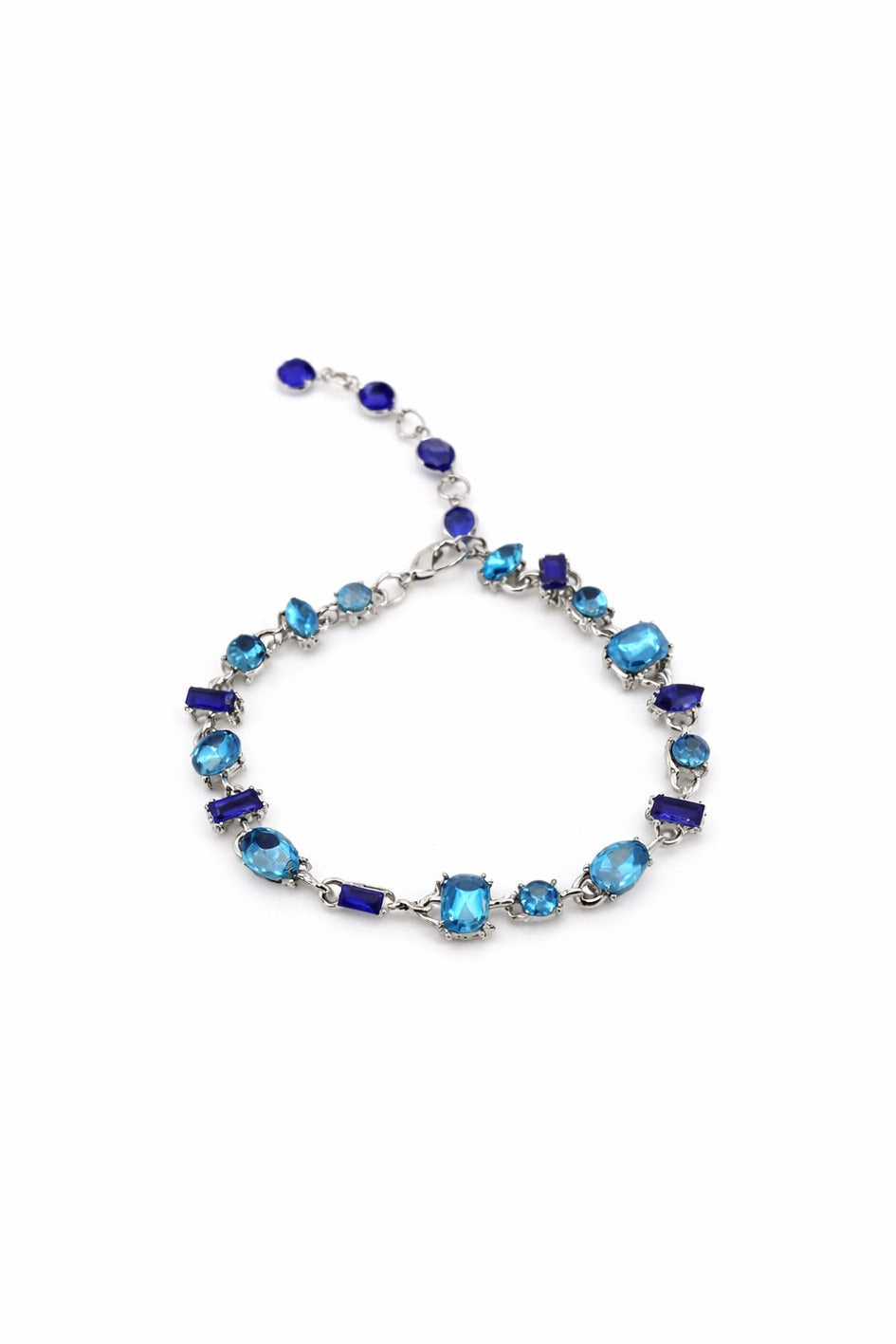 Necklace with blue and silver beads on a white background