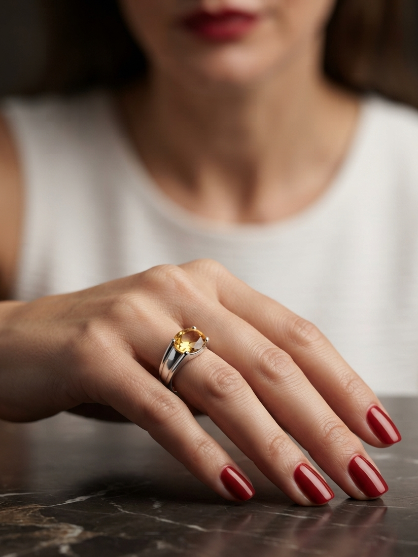 A close-up of a woman's hand resting on a dark marble surface, wearing a silver ring with a round yellow gemstone. The background shows a softly blurred woman in a white top.