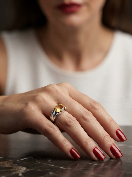 A close-up of a woman's hand resting on a dark marble surface, wearing a silver ring with a round yellow gemstone. The background shows a softly blurred woman in a white top.