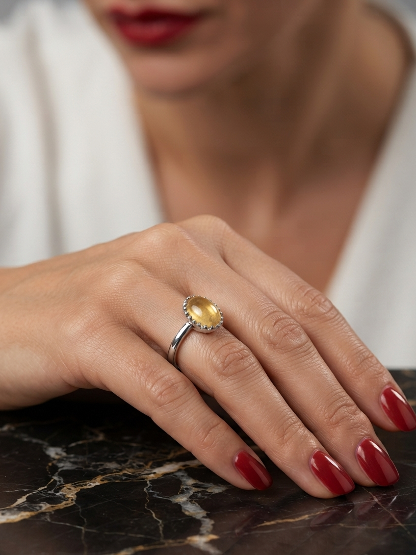 A close-up of a woman's hand resting on a dark marble surface, wearing a silver ring with an oval yellow gemstone and small clear accent stones.