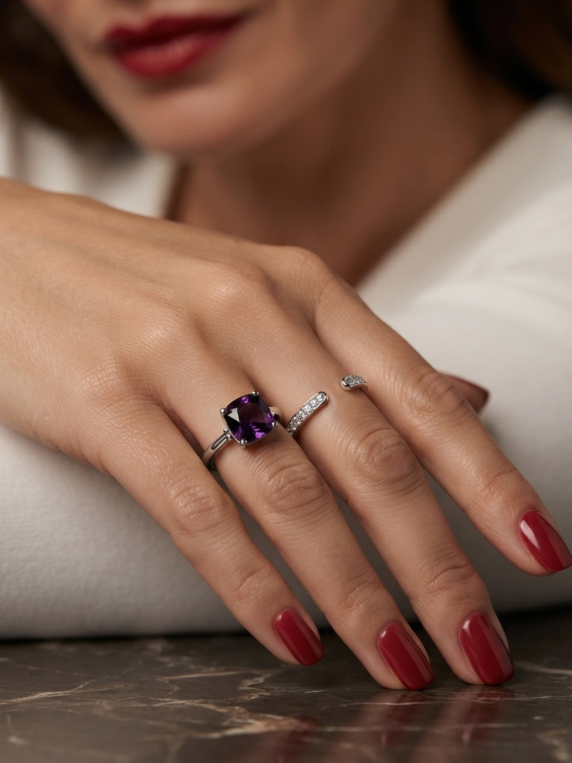 A close-up of a woman's hand resting on a dark marble surface, wearing a silver ring with a cushion-cut purple amethyst center stone and a slim silver band with a small clear stone.