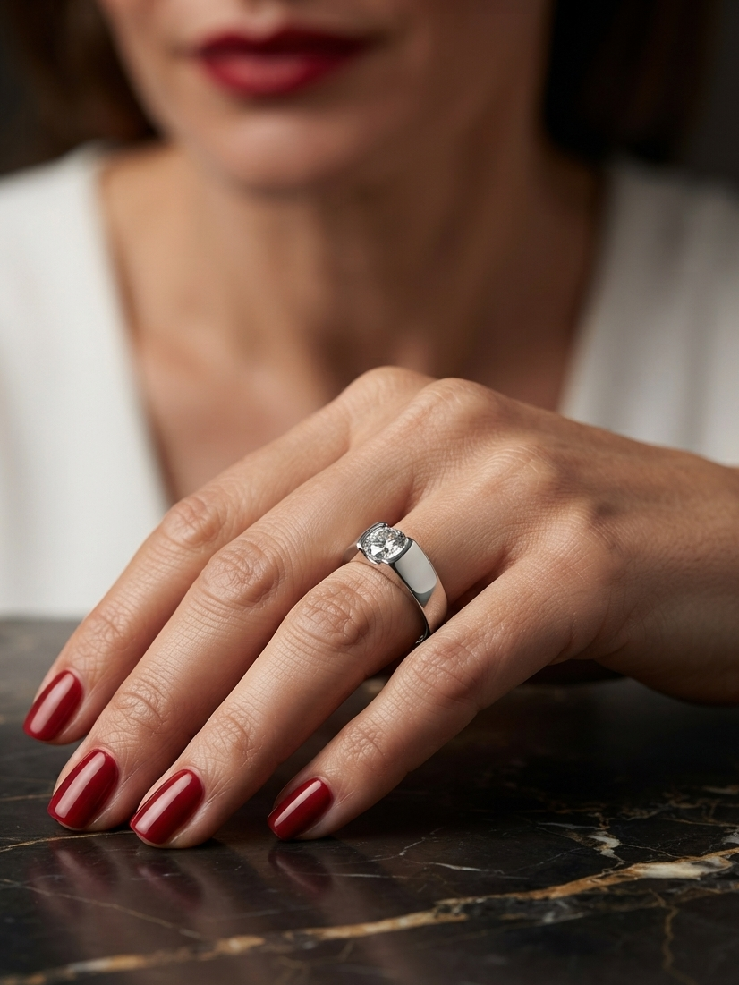 A silver ring with a clear round-cut gemstone worn on a woman's hand, resting on a dark marble surface. The background shows a softly blurred woman wearing a white top and red lipstick.