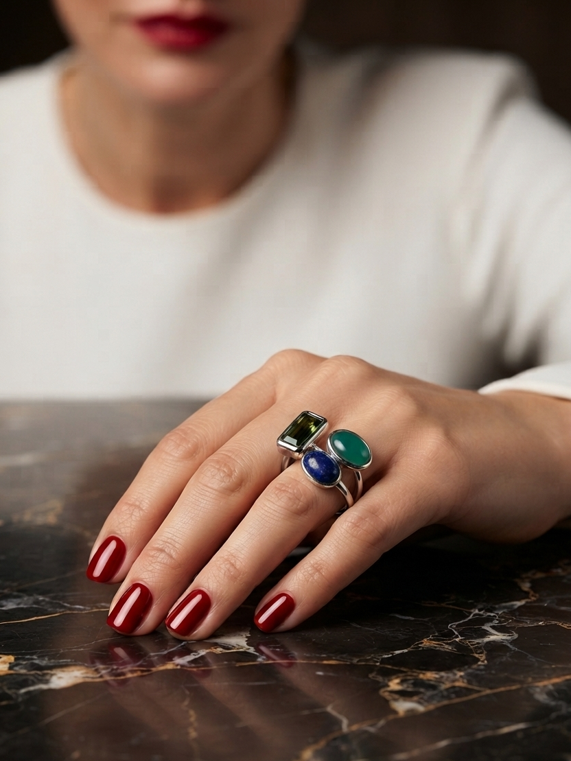 A close-up of a woman's hand resting on a dark marble surface, wearing a silver ring with three colorful gemstones: green, blue, and purple.