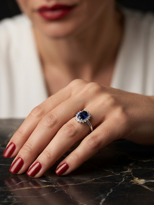 A close-up of a woman's hand resting on a dark marble surface, wearing a silver ring with a deep blue oval center stone and a halo of small clear stones.