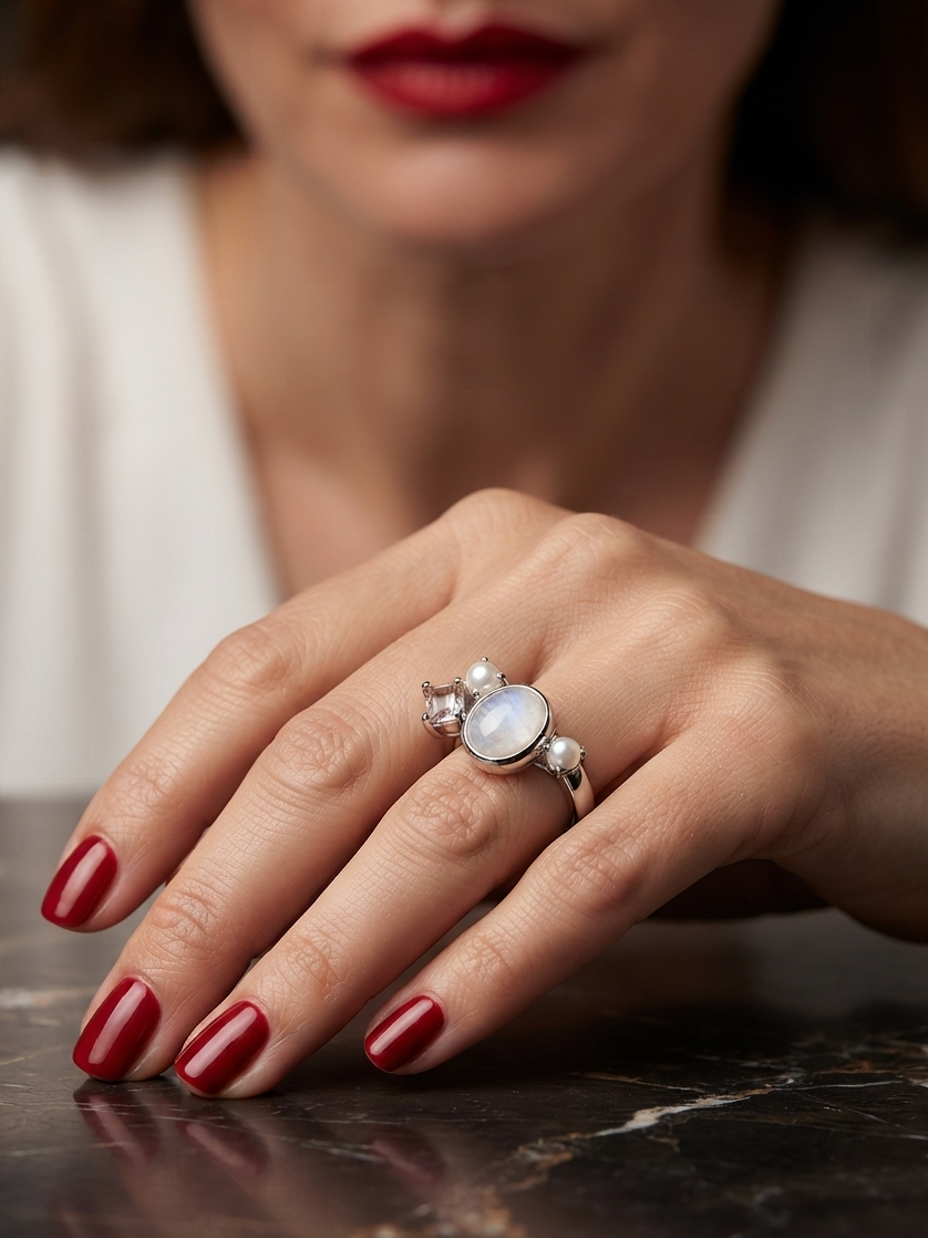 A close-up of a woman's hand resting on a dark marble surface, wearing a silver ring with a round white mother-of-pearl center stone and small clear accent stones.