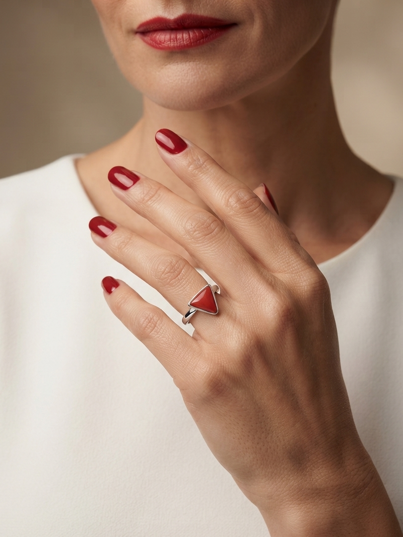 A close-up of a woman's hand with red nail polish wearing a silver ring with a red triangular inlay, against a soft beige background.
