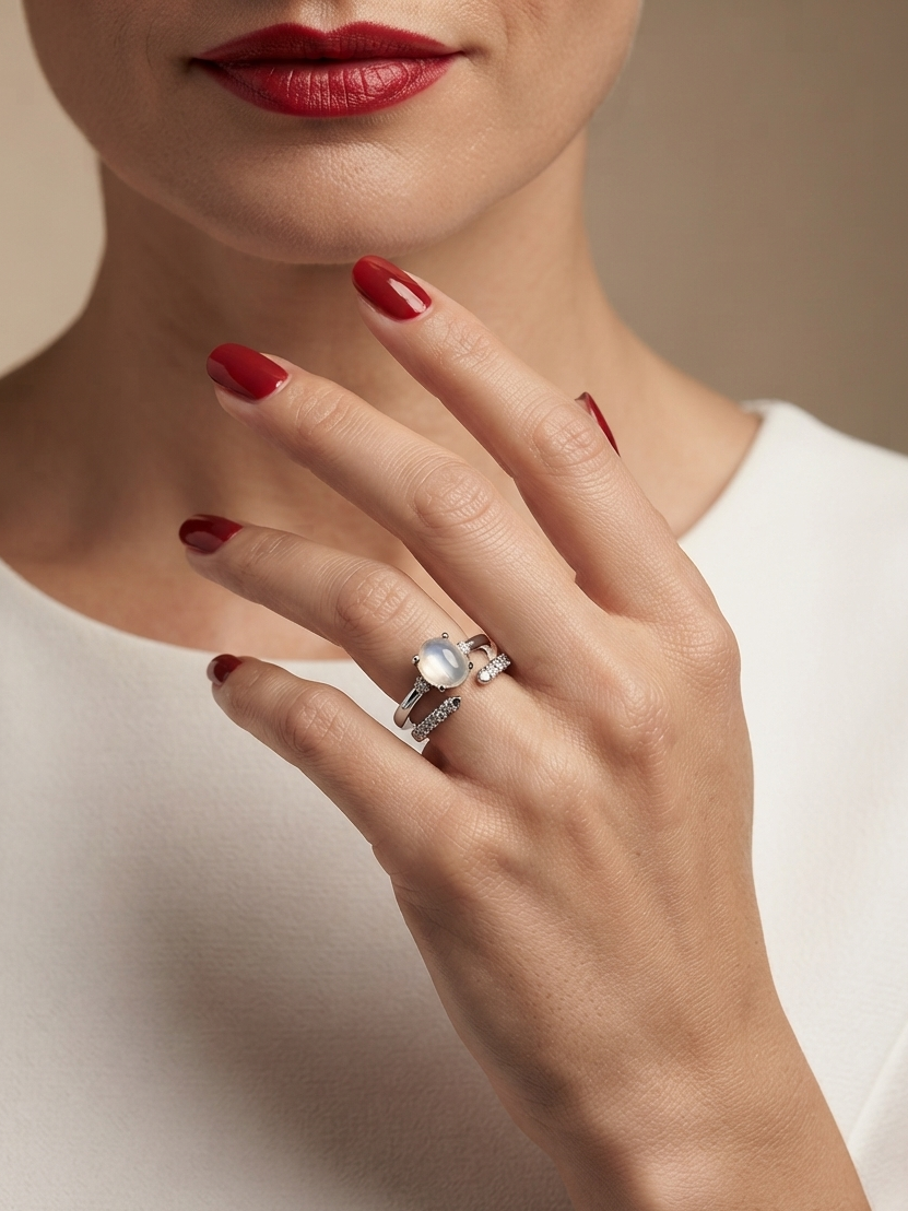 A close-up of a woman's hand wearing a silver ring with a round clear gemstone and a matching silver band, shown against a soft beige background.