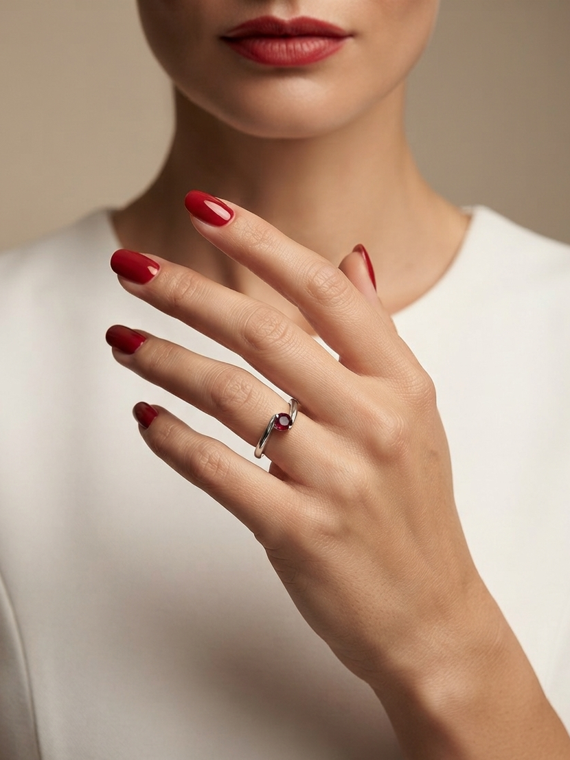 A close-up of a model's hand wearing a delicate silver ring with a small red gemstone, set against a soft beige background and white top.