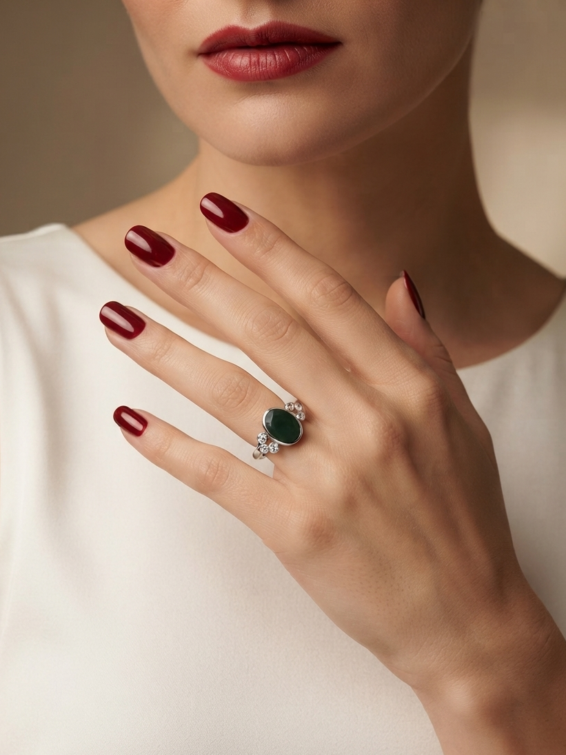 A close-up of a model's hand wearing a silver ring with a marquise-cut green gemstone and small clear accent stones, set against a soft beige background.