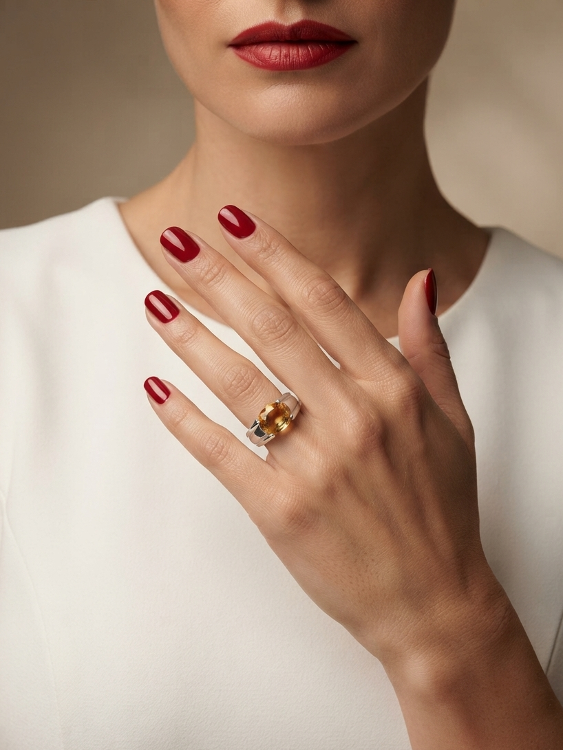 A close-up of a model's hand wearing a gold ring with a textured, organic-shaped center, styled with deep red nail polish and a white sleeveless top against a soft beige background.