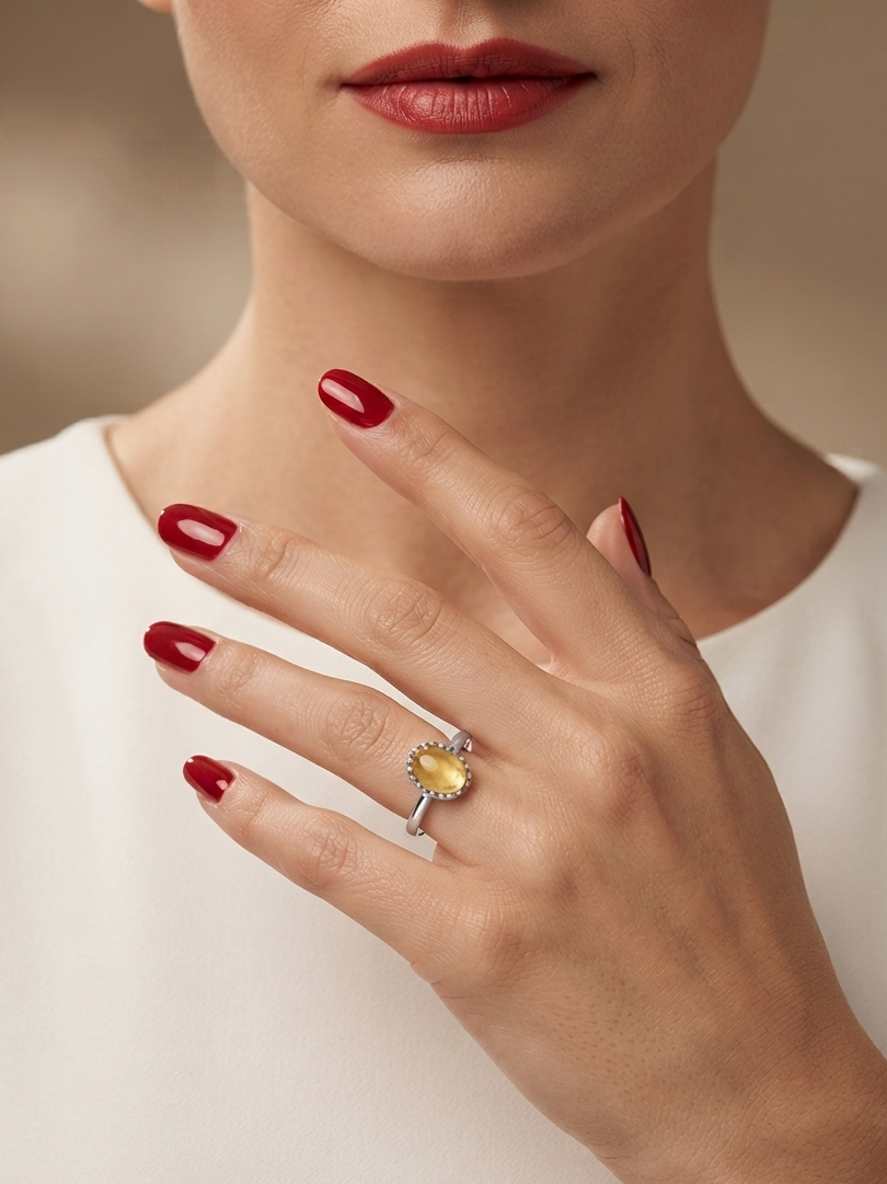A close-up lifestyle shot of a woman's hand with red nail polish wearing a silver ring with a yellow flower-shaped gemstone, set against a soft beige background.