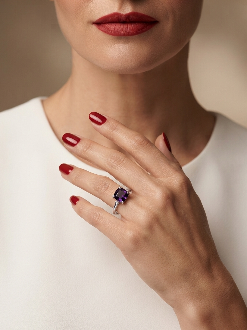 A close-up of a model's hand wearing a silver ring with a dark purple oval gemstone, set against a soft beige background and a white top.