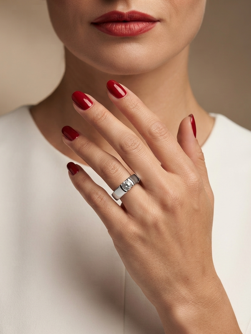 A close-up of a model's hand with red nail polish wearing a silver band ring with a central clear gemstone, set against a soft beige background and white top.