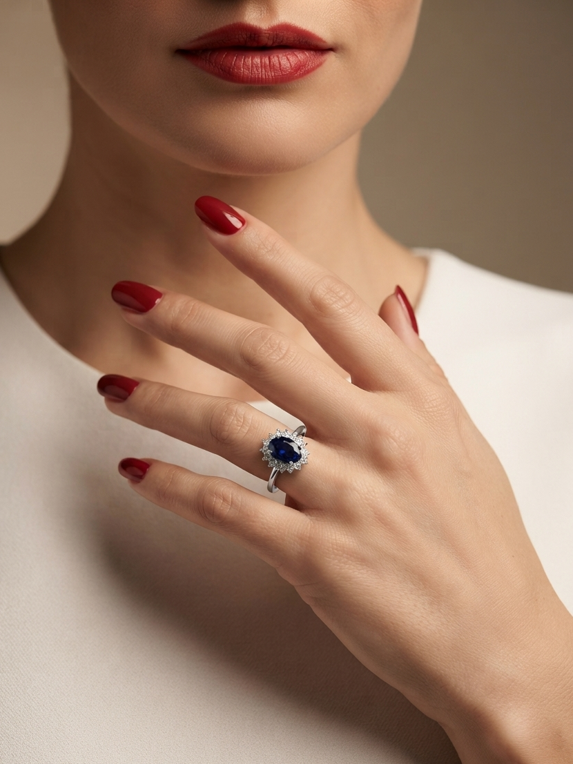 A close-up of a woman's hand wearing a silver ring with a deep blue oval center stone and small clear accent stones, set against a soft beige background.