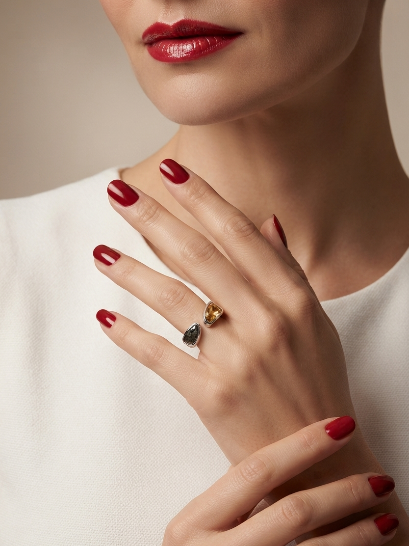 A close-up lifestyle shot of a model's hand wearing a unique ring with a gold crescent moon and a dark gray stone, set against a soft beige background.