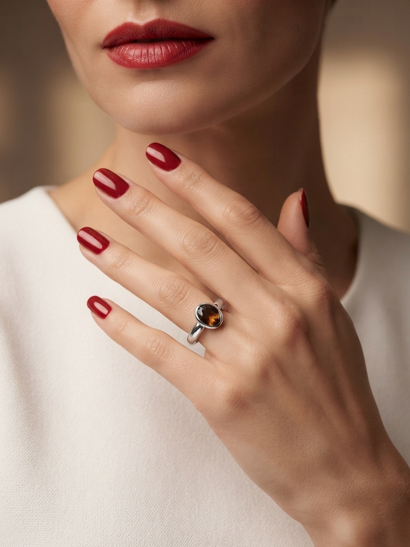 A close-up lifestyle shot of a woman's hand wearing a silver ring with a round amber-brown gemstone, set against her face with red lipstick and red manicured nails.