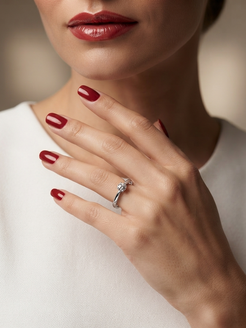 A close-up lifestyle shot of a woman's hand wearing a silver ring with a small clear gemstone, set against her neck and lips with red nail polish.