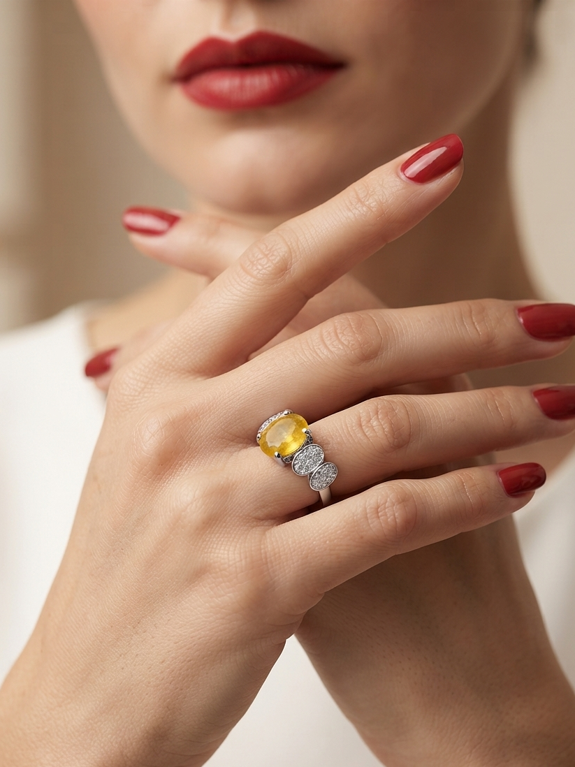 A close-up lifestyle shot of a model's hand wearing a silver ring with a yellow oval gemstone and small clear accent stones, set against a soft, warm neutral background.