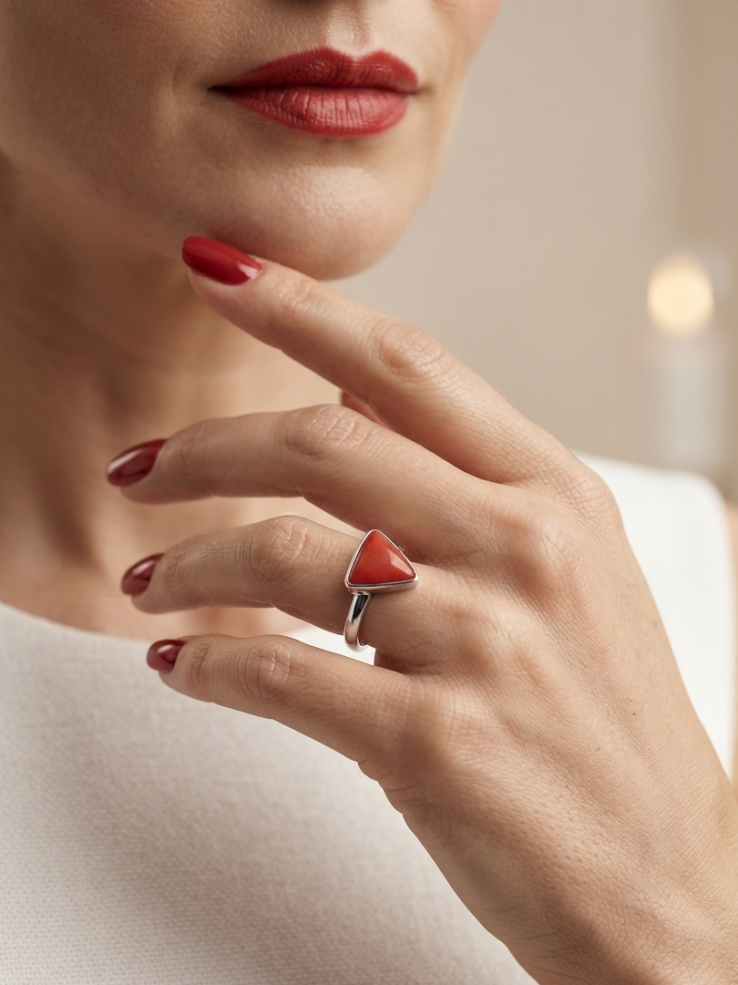 A close-up lifestyle shot of a woman's hand wearing a silver ring with a triangular red coral cabochon, set against a soft, warm background.