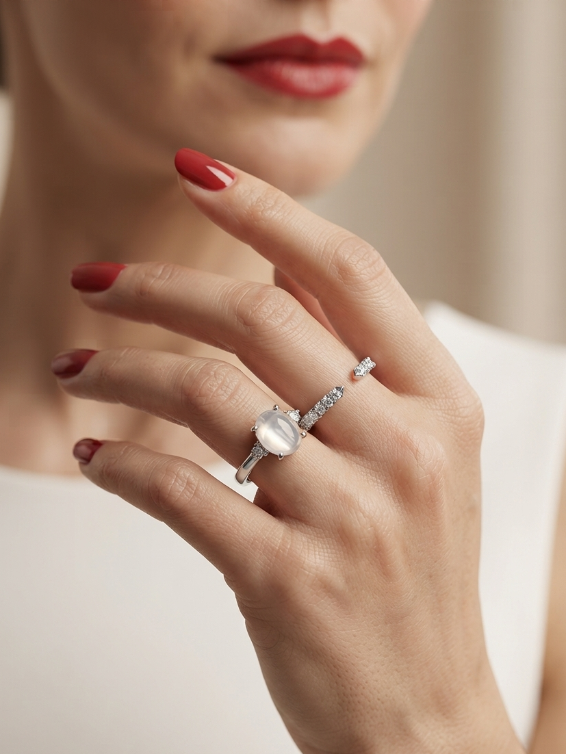 A close-up of a woman's hand wearing a silver ring with a large oval clear gemstone and a smaller diamond-accented band, against a soft beige background.