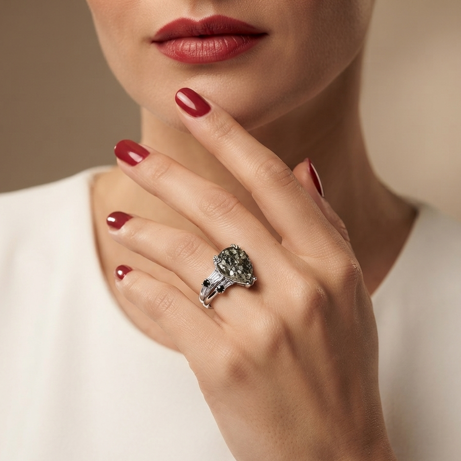 A close-up lifestyle shot of a model wearing a silver ring with a textured, organic-shaped dark green gemstone cluster. The model has red painted fingernails and is wearing a white top against a soft beige background.